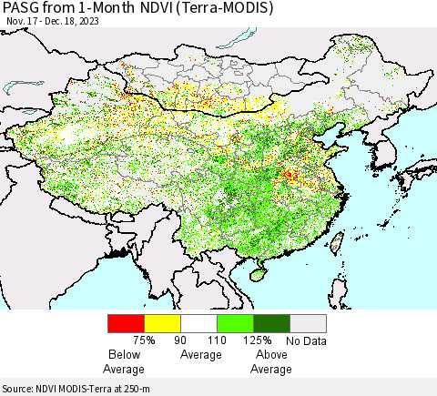China, Mongolia and Taiwan PASG from 1-Month NDVI (Terra-MODIS) Thematic Map For 12/11/2023 - 12/18/2023