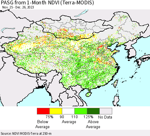 China, Mongolia and Taiwan PASG from 1-Month NDVI (Terra-MODIS) Thematic Map For 12/19/2023 - 12/26/2023
