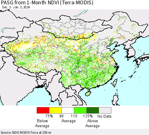 China, Mongolia and Taiwan PASG from 1-Month NDVI (Terra-MODIS) Thematic Map For 12/27/2023 - 1/3/2024