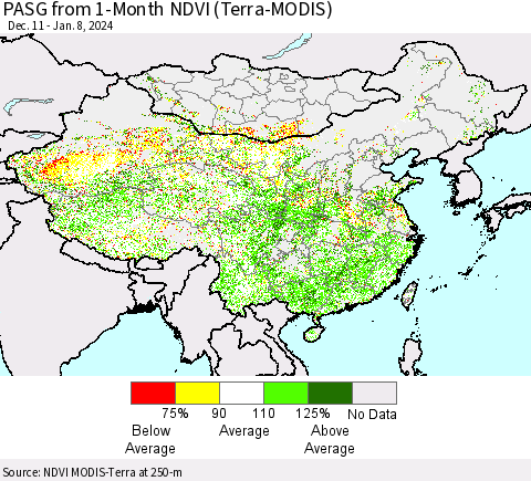 China, Mongolia and Taiwan PASG from 1-Month NDVI (Terra-MODIS) Thematic Map For 1/1/2024 - 1/8/2024