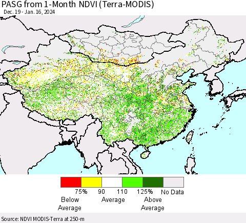 China, Mongolia and Taiwan PASG from 1-Month NDVI (Terra-MODIS) Thematic Map For 1/9/2024 - 1/16/2024
