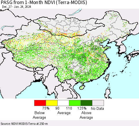 China, Mongolia and Taiwan PASG from 1-Month NDVI (Terra-MODIS) Thematic Map For 1/17/2024 - 1/24/2024