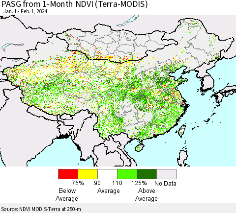 China, Mongolia and Taiwan PASG from 1-Month NDVI (Terra-MODIS) Thematic Map For 1/25/2024 - 2/1/2024