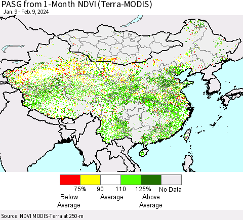 China, Mongolia and Taiwan PASG from 1-Month NDVI (Terra-MODIS) Thematic Map For 2/2/2024 - 2/9/2024