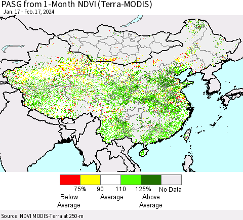 China, Mongolia and Taiwan PASG from 1-Month NDVI (Terra-MODIS) Thematic Map For 2/10/2024 - 2/17/2024