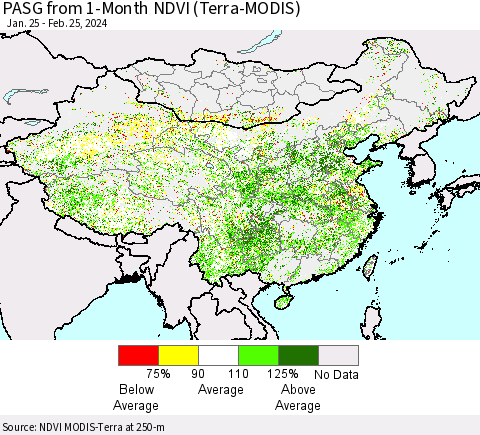 China, Mongolia and Taiwan PASG from 1-Month NDVI (Terra-MODIS) Thematic Map For 2/18/2024 - 2/25/2024