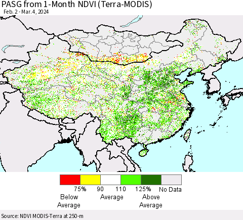 China, Mongolia and Taiwan PASG from 1-Month NDVI (Terra-MODIS) Thematic Map For 2/26/2024 - 3/4/2024