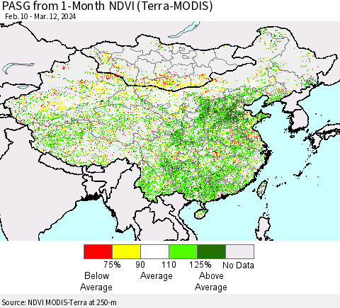 China, Mongolia and Taiwan PASG from 1-Month NDVI (Terra-MODIS) Thematic Map For 3/5/2024 - 3/12/2024
