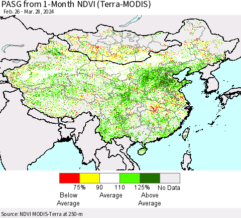 China, Mongolia and Taiwan PASG from 1-Month NDVI (Terra-MODIS) Thematic Map For 3/21/2024 - 3/28/2024