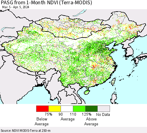 China, Mongolia and Taiwan PASG from 1-Month NDVI (Terra-MODIS) Thematic Map For 3/29/2024 - 4/5/2024
