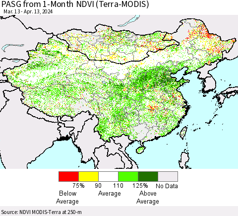 China, Mongolia and Taiwan PASG from 1-Month NDVI (Terra-MODIS) Thematic Map For 4/6/2024 - 4/13/2024