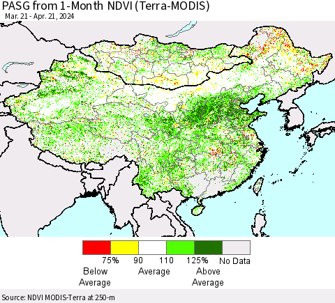 China, Mongolia and Taiwan PASG from 1-Month NDVI (Terra-MODIS) Thematic Map For 4/14/2024 - 4/21/2024