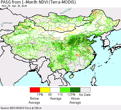 China, Mongolia and Taiwan PASG from 1-Month NDVI (Terra-MODIS) Thematic Map For 4/22/2024 - 4/29/2024