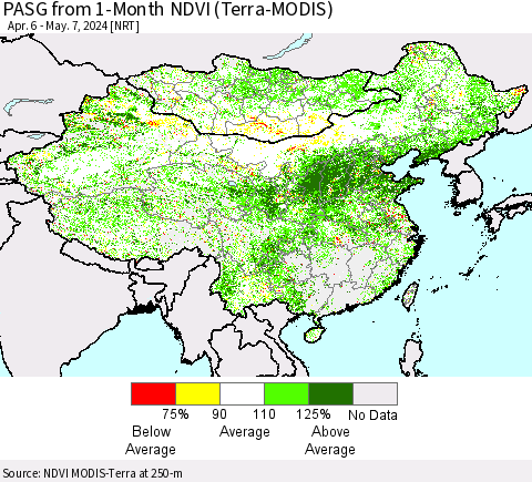 China, Mongolia and Taiwan PASG from 1-Month NDVI (Terra-MODIS) Thematic Map For 4/30/2024 - 5/7/2024