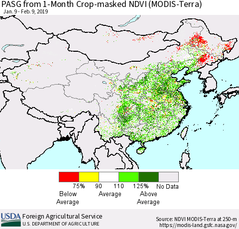 China and Taiwan PASG from 1-Month Cropland NDVI (Terra-MODIS) Thematic Map For 2/1/2019 - 2/10/2019