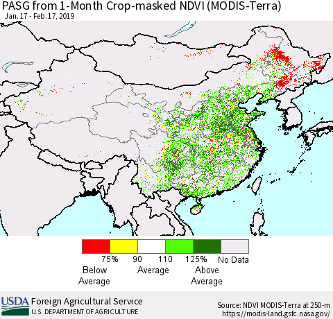 China and Taiwan PASG from 1-Month Cropland NDVI (Terra-MODIS) Thematic Map For 2/11/2019 - 2/20/2019