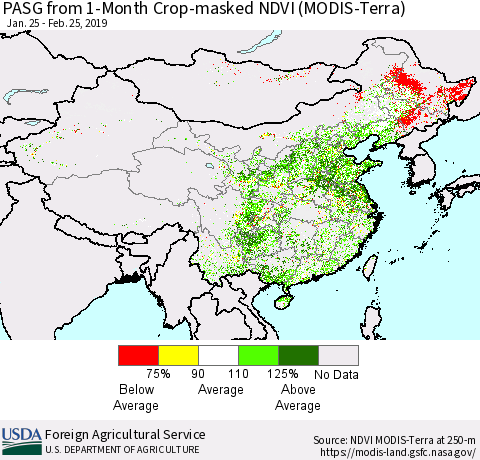 China, Mongolia and Taiwan PASG from 1-Month Cropland NDVI (Terra-MODIS) Thematic Map For 2/21/2019 - 2/28/2019