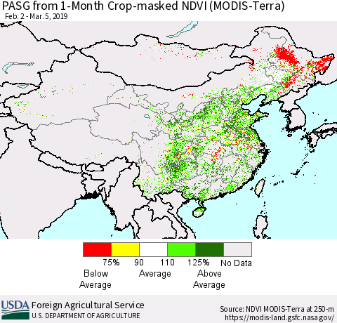 China and Taiwan PASG from 1-Month Cropland NDVI (Terra-MODIS) Thematic Map For 3/1/2019 - 3/10/2019