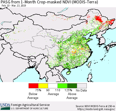 China, Mongolia and Taiwan PASG from 1-Month Cropland NDVI (Terra-MODIS) Thematic Map For 3/11/2019 - 3/20/2019