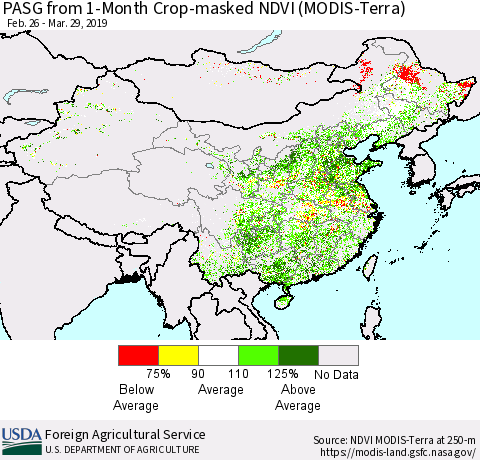 China and Taiwan PASG from 1-Month Cropland NDVI (Terra-MODIS) Thematic Map For 3/21/2019 - 3/31/2019