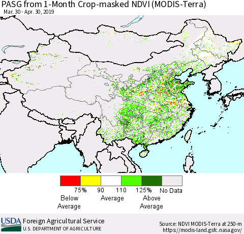 China and Taiwan PASG from 1-Month Cropland NDVI (Terra-MODIS) Thematic Map For 4/21/2019 - 4/30/2019