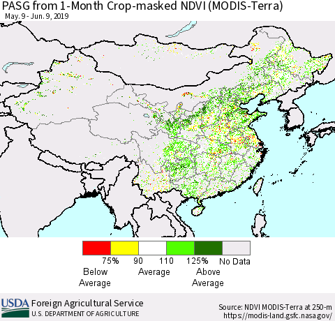 China and Taiwan PASG from 1-Month Cropland NDVI (Terra-MODIS) Thematic Map For 6/1/2019 - 6/10/2019