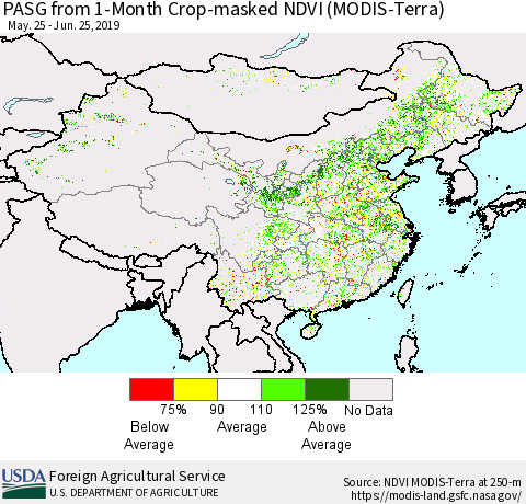 China, Mongolia and Taiwan PASG from 1-Month Cropland NDVI (Terra-MODIS) Thematic Map For 6/21/2019 - 6/30/2019