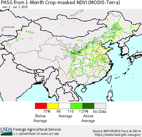 China and Taiwan PASG from 1-Month Cropland NDVI (Terra-MODIS) Thematic Map For 7/1/2019 - 7/10/2019
