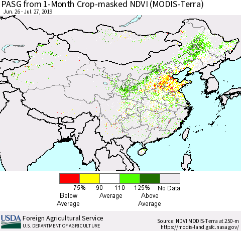 China and Taiwan PASG from 1-Month Cropland NDVI (Terra-MODIS) Thematic Map For 7/21/2019 - 7/31/2019