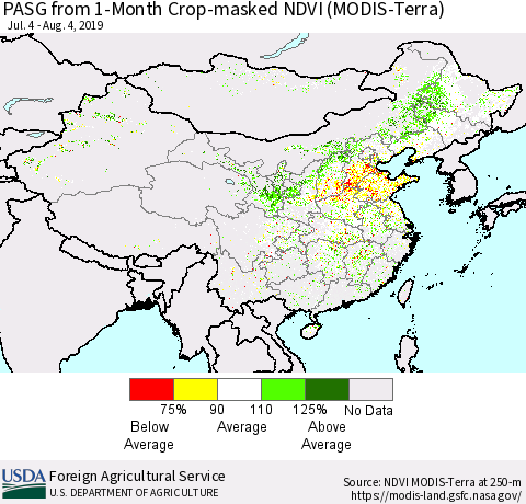 China and Taiwan PASG from 1-Month Cropland NDVI (Terra-MODIS) Thematic Map For 8/1/2019 - 8/10/2019