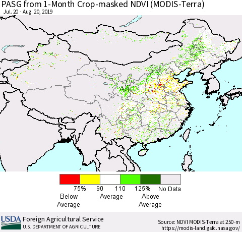 China and Taiwan PASG from 1-Month Cropland NDVI (Terra-MODIS) Thematic Map For 8/11/2019 - 8/20/2019