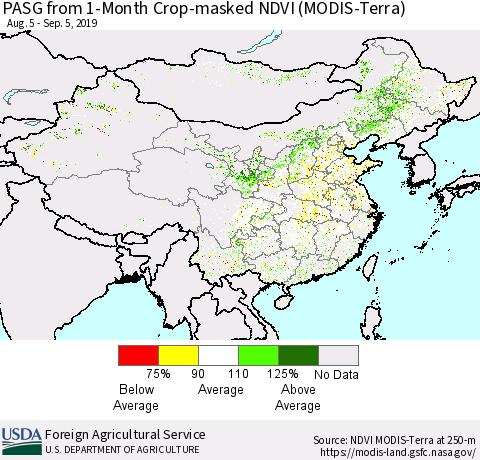 China and Taiwan PASG from 1-Month Cropland NDVI (Terra-MODIS) Thematic Map For 9/1/2019 - 9/10/2019