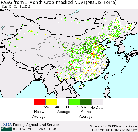 China, Mongolia and Taiwan PASG from 1-Month Cropland NDVI (Terra-MODIS) Thematic Map For 10/21/2019 - 10/31/2019