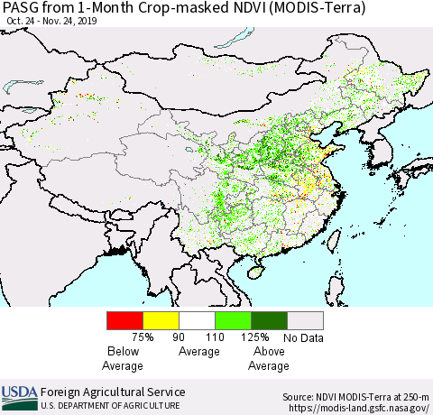 China, Mongolia and Taiwan PASG from 1-Month Cropland NDVI (Terra-MODIS) Thematic Map For 11/21/2019 - 11/30/2019