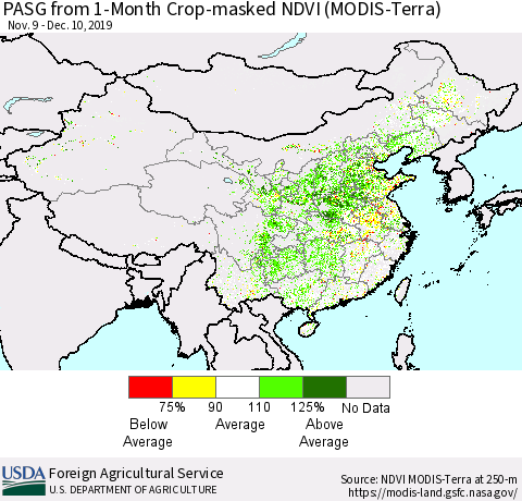 China, Mongolia and Taiwan PASG from 1-Month Cropland NDVI (Terra-MODIS) Thematic Map For 12/1/2019 - 12/10/2019