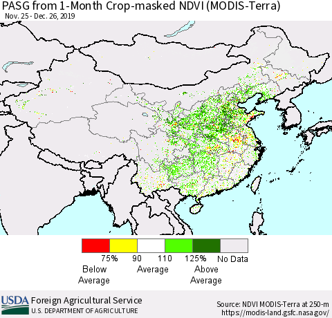 China, Mongolia and Taiwan PASG from 1-Month Cropland NDVI (Terra-MODIS) Thematic Map For 12/21/2019 - 12/31/2019