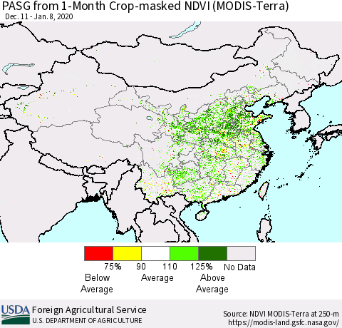 China, Mongolia and Taiwan PASG from 1-Month Cropland NDVI (Terra-MODIS) Thematic Map For 1/1/2020 - 1/10/2020
