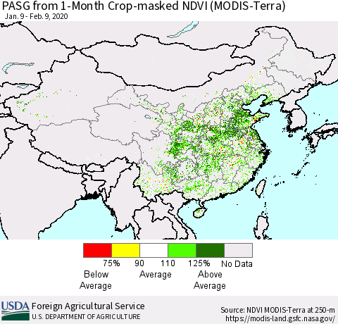 China, Mongolia and Taiwan PASG from 1-Month Cropland NDVI (Terra-MODIS) Thematic Map For 2/1/2020 - 2/10/2020