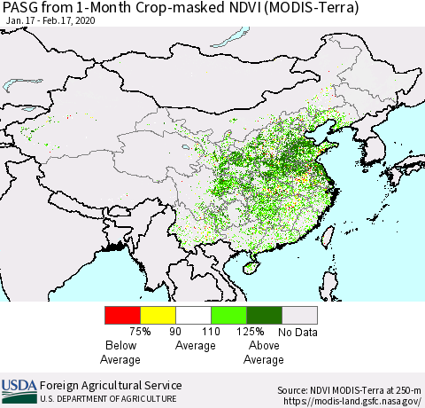 China, Mongolia and Taiwan PASG from 1-Month Cropland NDVI (Terra-MODIS) Thematic Map For 2/11/2020 - 2/20/2020