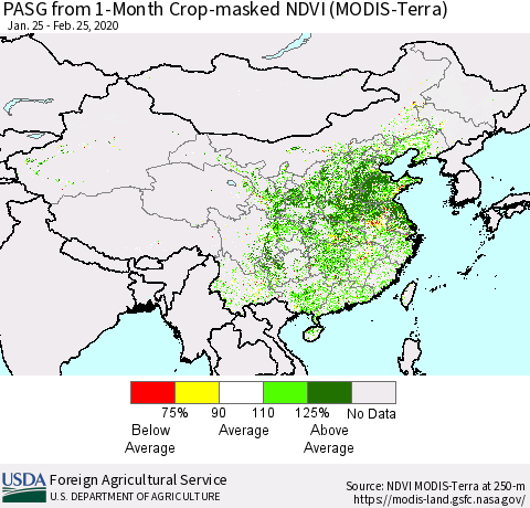 China, Mongolia and Taiwan PASG from 1-Month Cropland NDVI (Terra-MODIS) Thematic Map For 2/21/2020 - 2/29/2020
