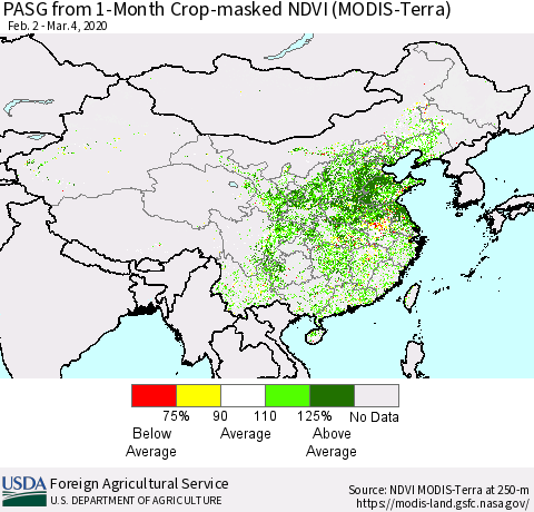 China, Mongolia and Taiwan PASG from 1-Month Cropland NDVI (Terra-MODIS) Thematic Map For 3/1/2020 - 3/10/2020