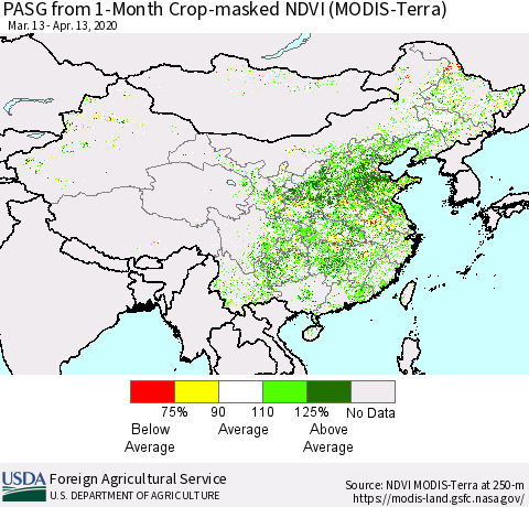 China, Mongolia and Taiwan PASG from 1-Month Cropland NDVI (Terra-MODIS) Thematic Map For 4/11/2020 - 4/20/2020