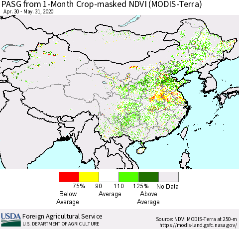 China, Mongolia and Taiwan PASG from 1-Month Cropland NDVI (Terra-MODIS) Thematic Map For 5/21/2020 - 5/31/2020