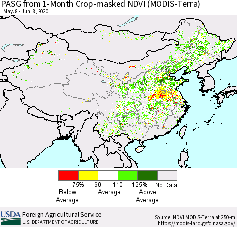 China, Mongolia and Taiwan PASG from 1-Month Cropland NDVI (Terra-MODIS) Thematic Map For 6/1/2020 - 6/10/2020
