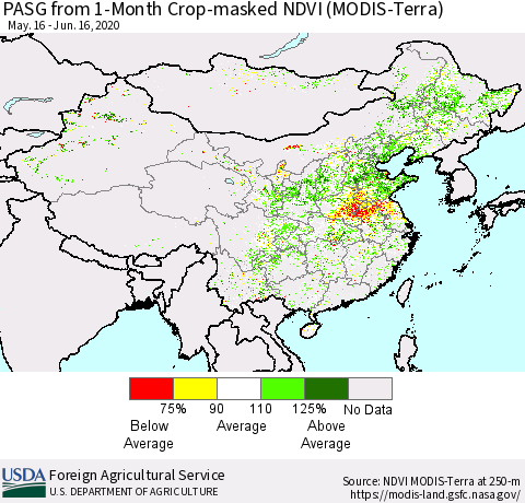 China, Mongolia and Taiwan PASG from 1-Month Cropland NDVI (Terra-MODIS) Thematic Map For 6/11/2020 - 6/20/2020