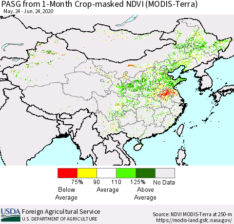 China, Mongolia and Taiwan PASG from 1-Month Cropland NDVI (Terra-MODIS) Thematic Map For 6/21/2020 - 6/30/2020