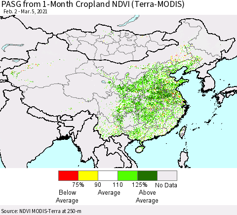 China, Mongolia and Taiwan PASG from 1-Month Cropland NDVI (Terra-MODIS) Thematic Map For 2/26/2021 - 3/5/2021