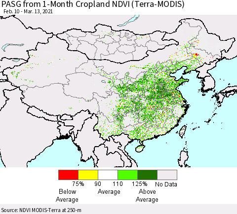 China, Mongolia and Taiwan PASG from 1-Month Cropland NDVI (Terra-MODIS) Thematic Map For 3/6/2021 - 3/13/2021
