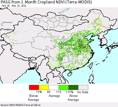 China, Mongolia and Taiwan PASG from 1-Month Cropland NDVI (Terra-MODIS) Thematic Map For 3/14/2021 - 3/21/2021