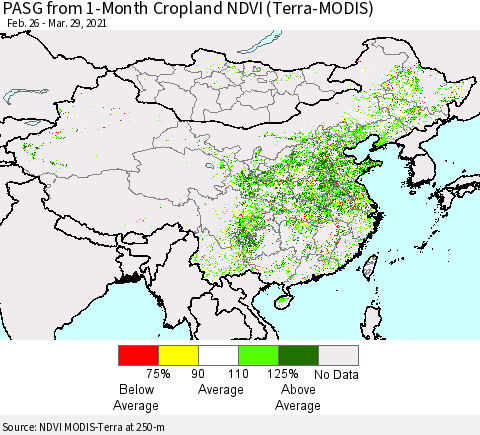China, Mongolia and Taiwan PASG from 1-Month Cropland NDVI (Terra-MODIS) Thematic Map For 3/22/2021 - 3/29/2021